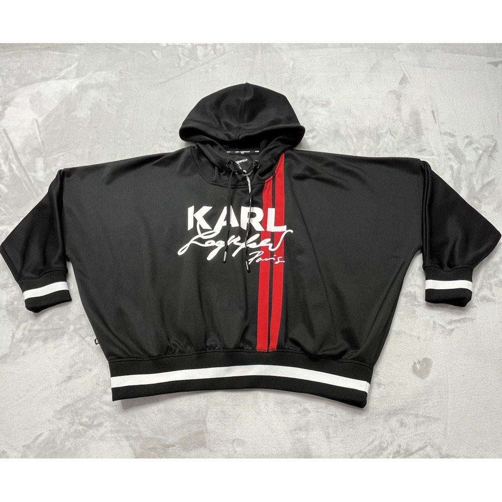 Karl Lagerfeld Oversized Hoodie Women Medium Black Sweatshirt Pullover Preppy